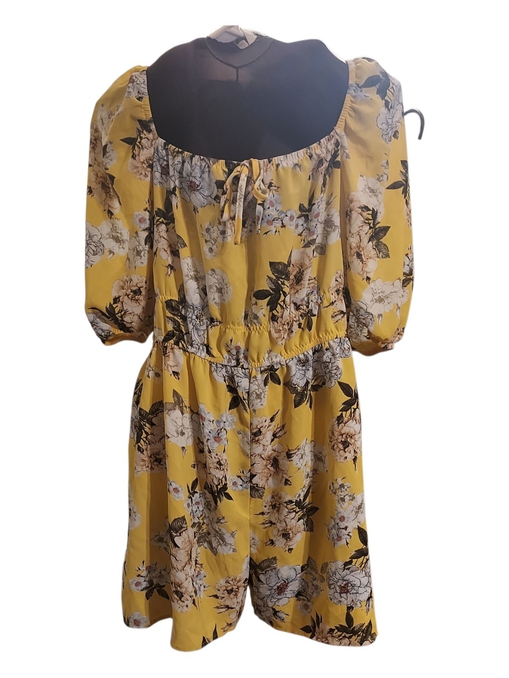 Yellow Floral Puff-Sleeve Mini Jumper with Tie Neck Fits Like Xl